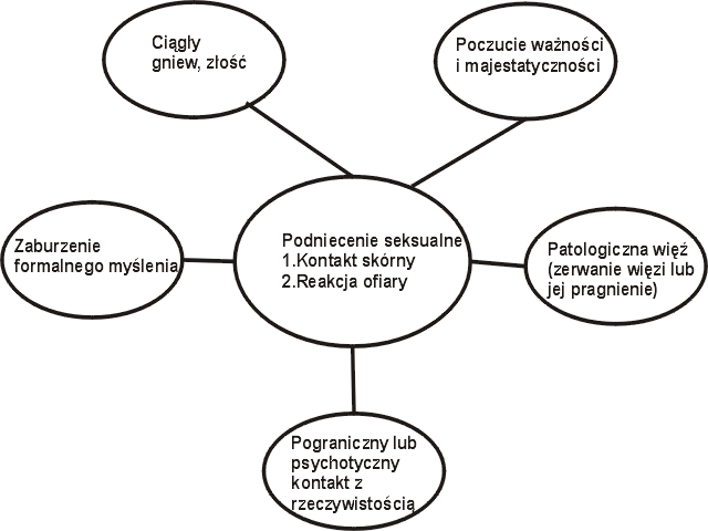 Rysunek, schemat 1 Zależności między różnymi czynnikami i aspektami genezy zabójstw seksualnych